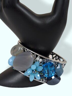 Silver Tone Blue Beaded Hinge Bracelet